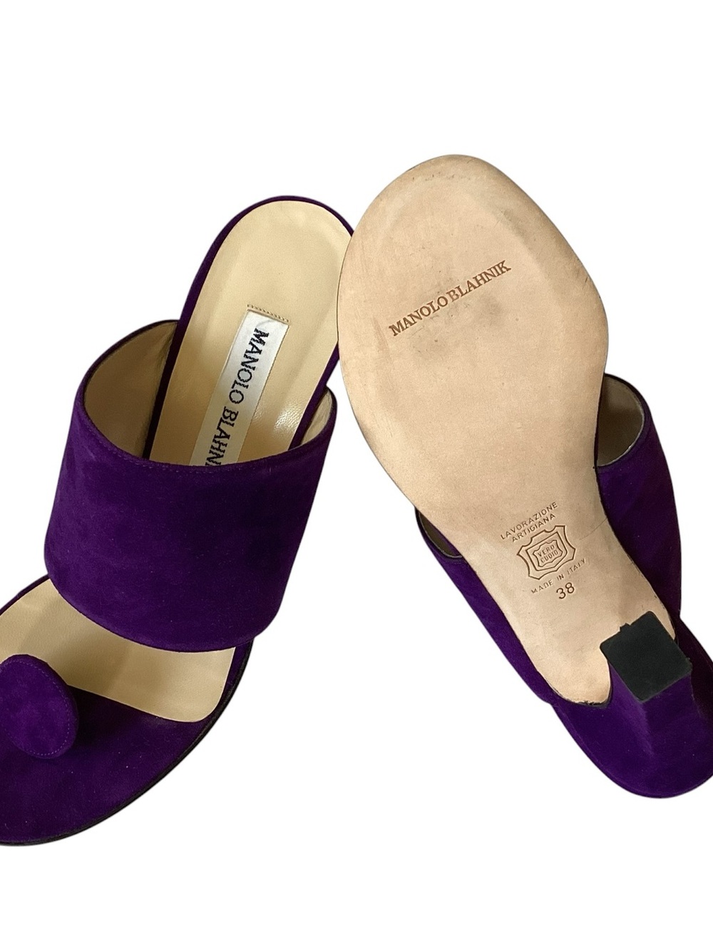 Manolo Blahnik Vintage Leather Purple Suede Open-Toe Mules sz 38 - Picture 7 of 15